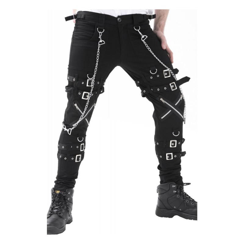 Men Gothic Cross Zip Pant Straps Cyber Punk Bondage Pant Black Goth Punk Pants with Zipper and Straps